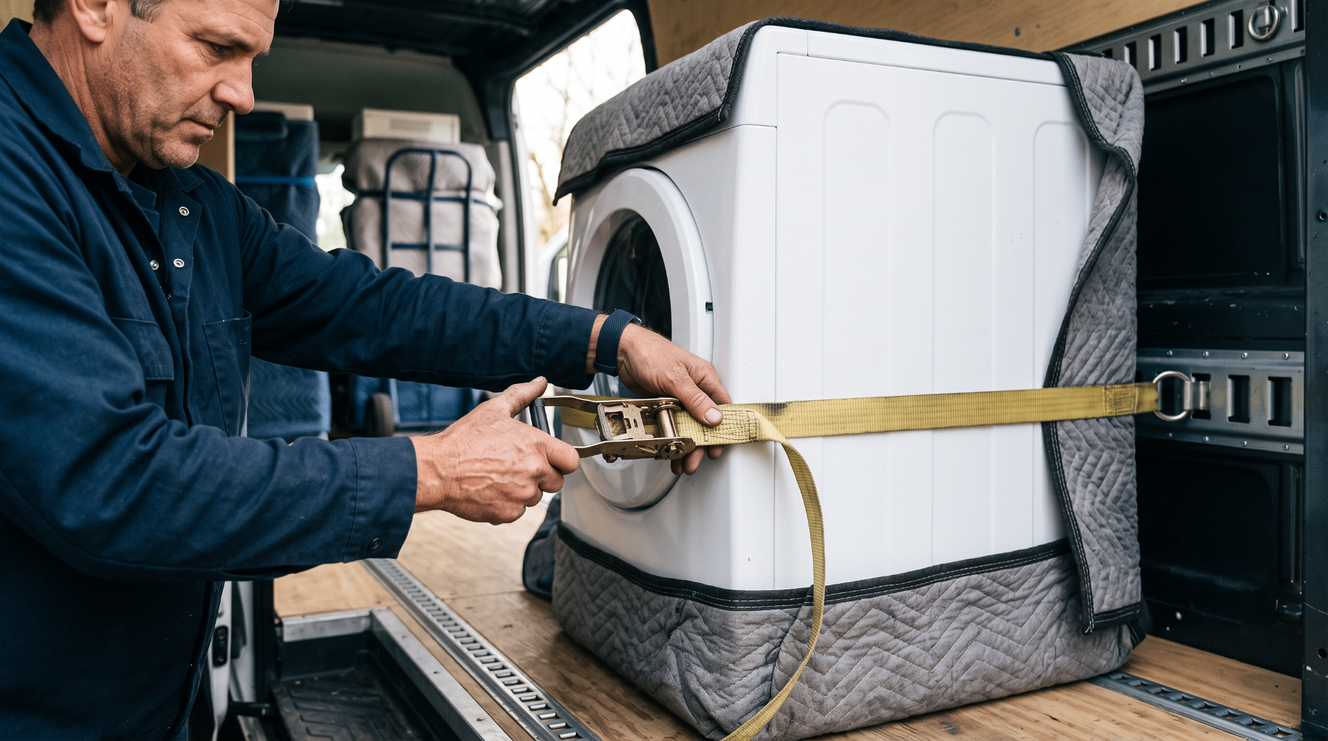 Wasmachine professioneel vastgezet in de transportwagen van JF Transport en Verhuizing