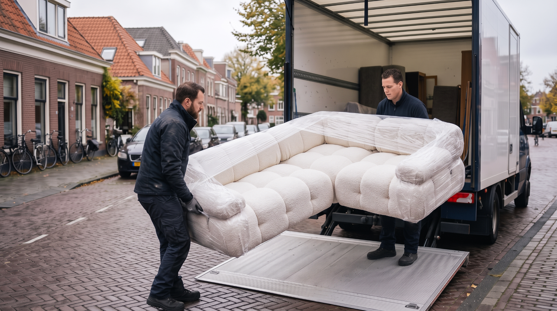 JF verhuizers laden een beschermde bank in een verhuiswagen in Groningen